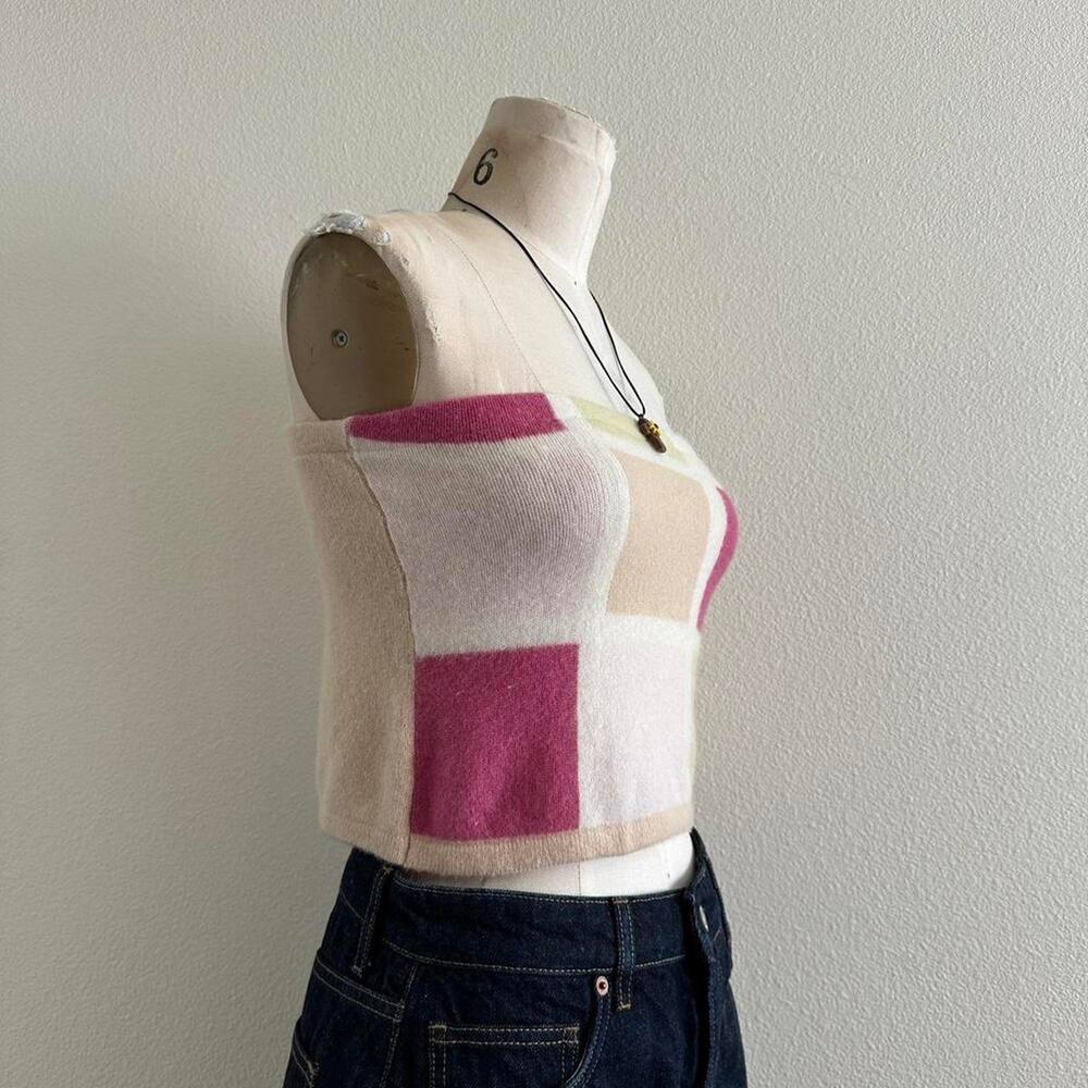handmade beige pink-green color block knit bandeau - Picture 4 of 5